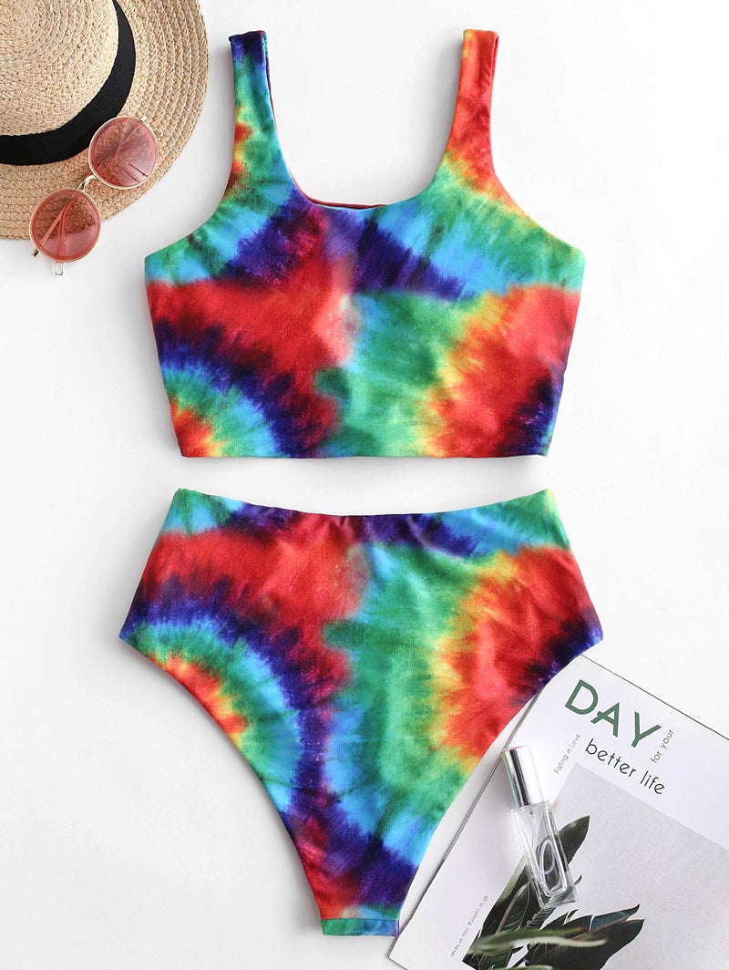 ZAFUL Women's Knot Scoop Neck Bikini Set Ruched High Waisted Two Piece Swimsuits Tankini, Tie Dye, M - Image 4